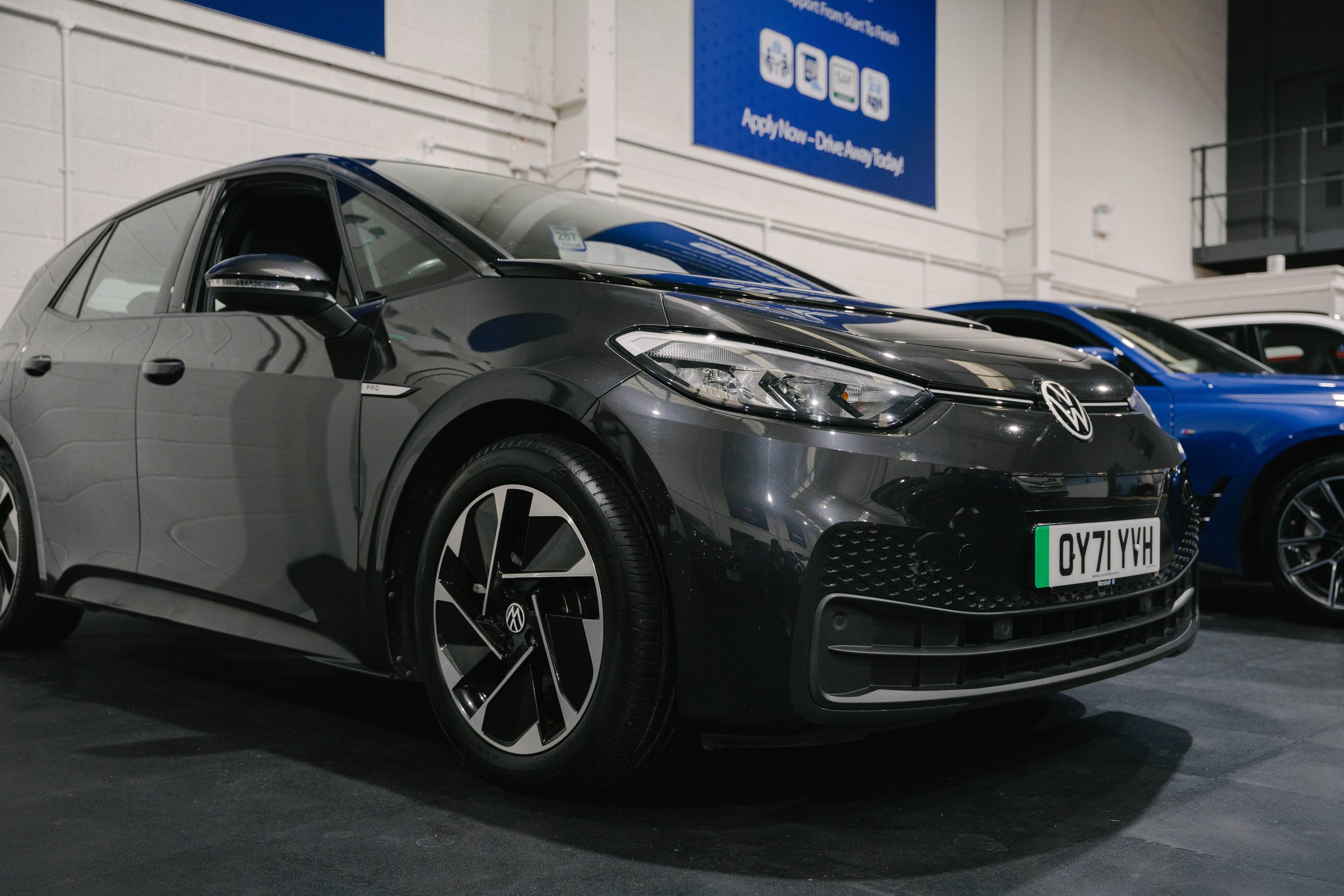 Grey Volkswagen ID.3 in the RW Cars showroom